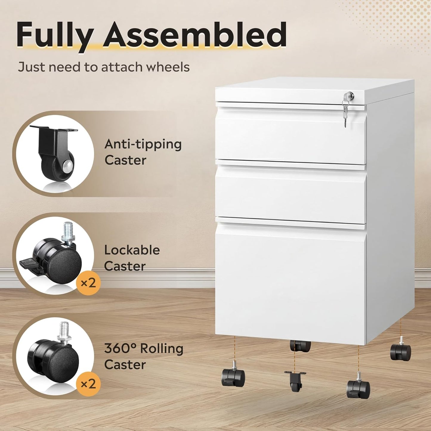 3 Drawer Mobile File Cabinet under Desk Office, Fully Assembled except Casters, Letter/Legal Size, White