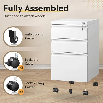 3 Drawer Mobile File Cabinet under Desk Office, Fully Assembled except Casters, Letter/Legal Size, White